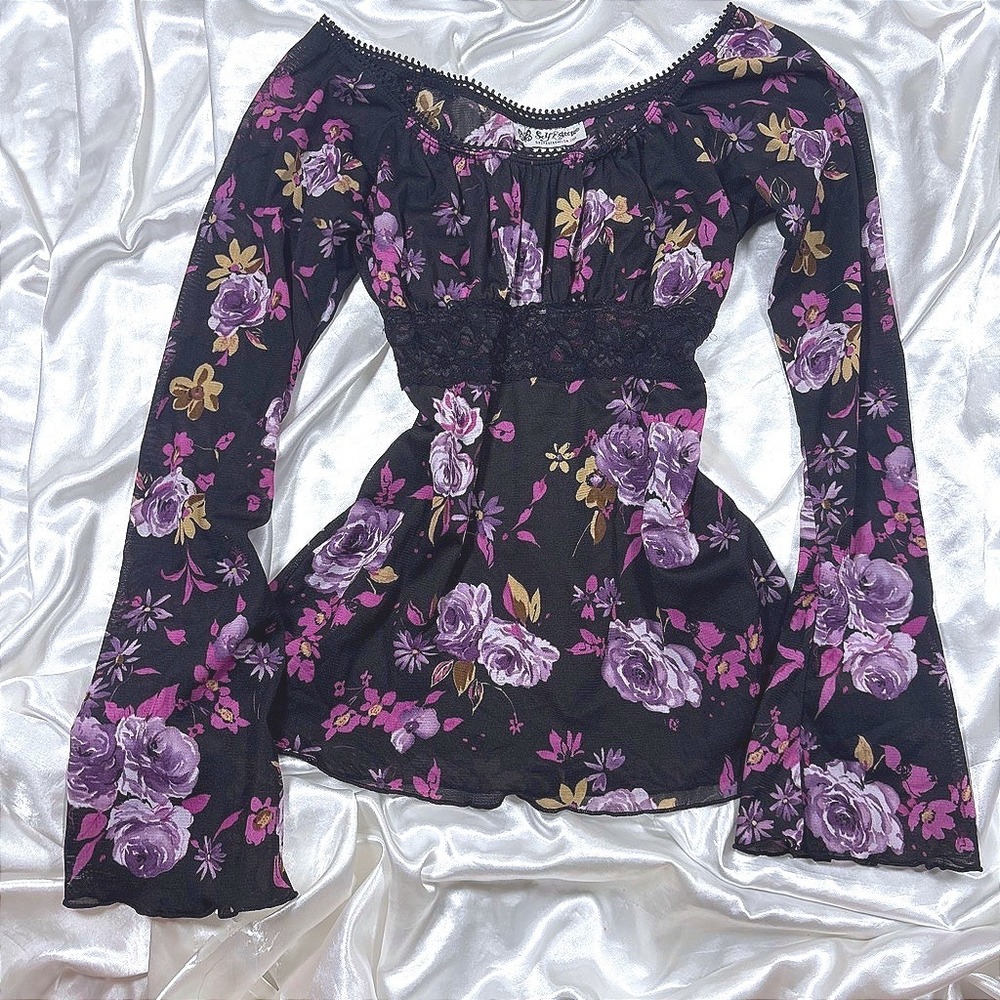 y2k Top Black Excellent Self Esteem Floral Lace Empire Waist Bell Sleeve Medium